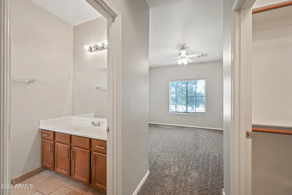 a bathroom with a sink vanity and a mirror