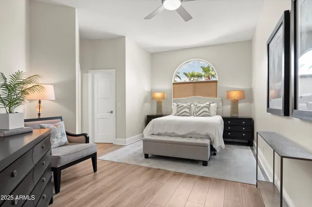 a view of a patio with couches table and chairs under an umbrella with large trees