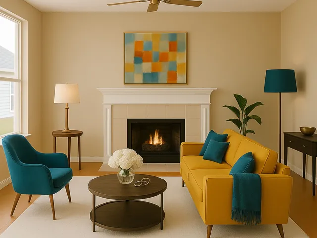a living room with furniture and a fireplace