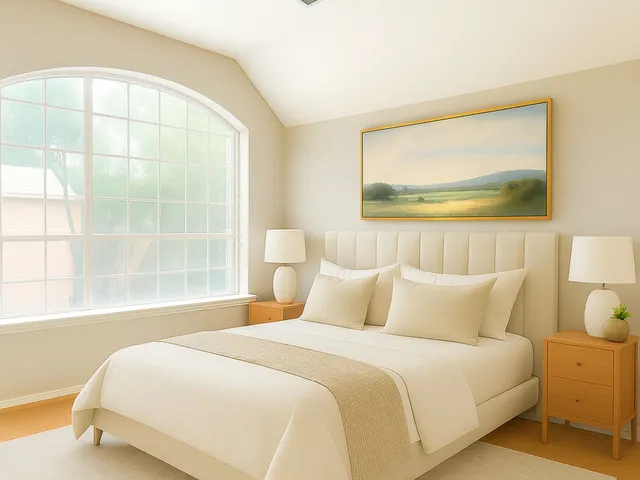 a bedroom with a bed and a large window