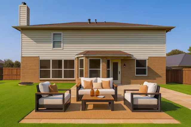a backyard of a house with seating space