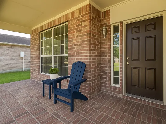 a view of a chair and table in the back yard