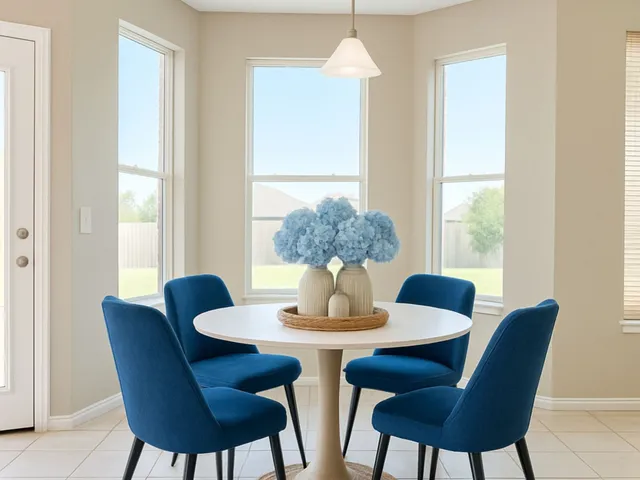a dining room with furniture and wooden floor