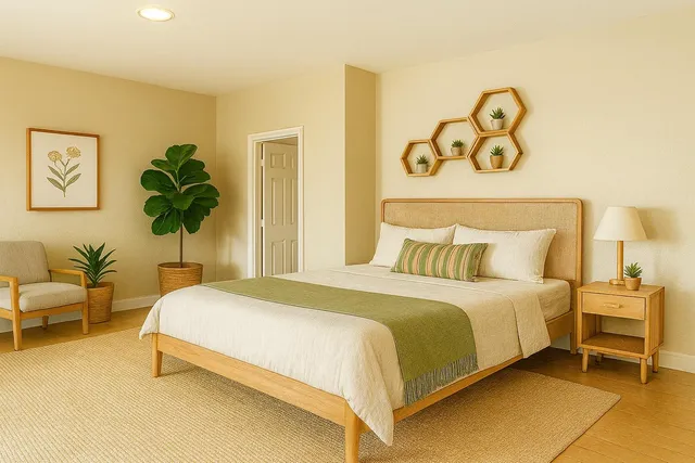 a bedroom with a bed and a potted plant