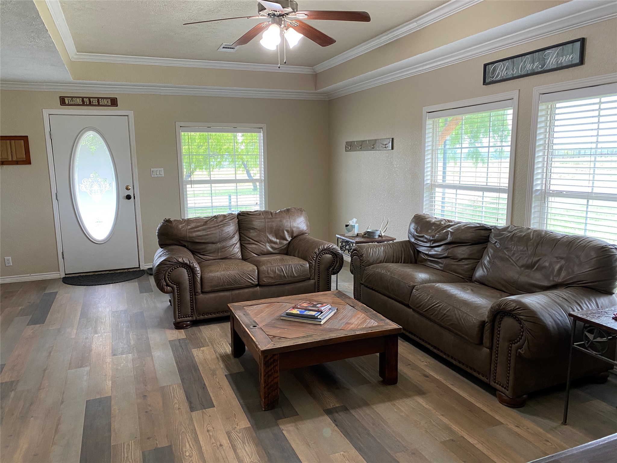 906 C R 235 Old Glory, TX 79540 - Photo 24 of 40 Living room featuring a ceiling fan, light wood-style flooring, a raised ceiling, crown molding, and baseboards