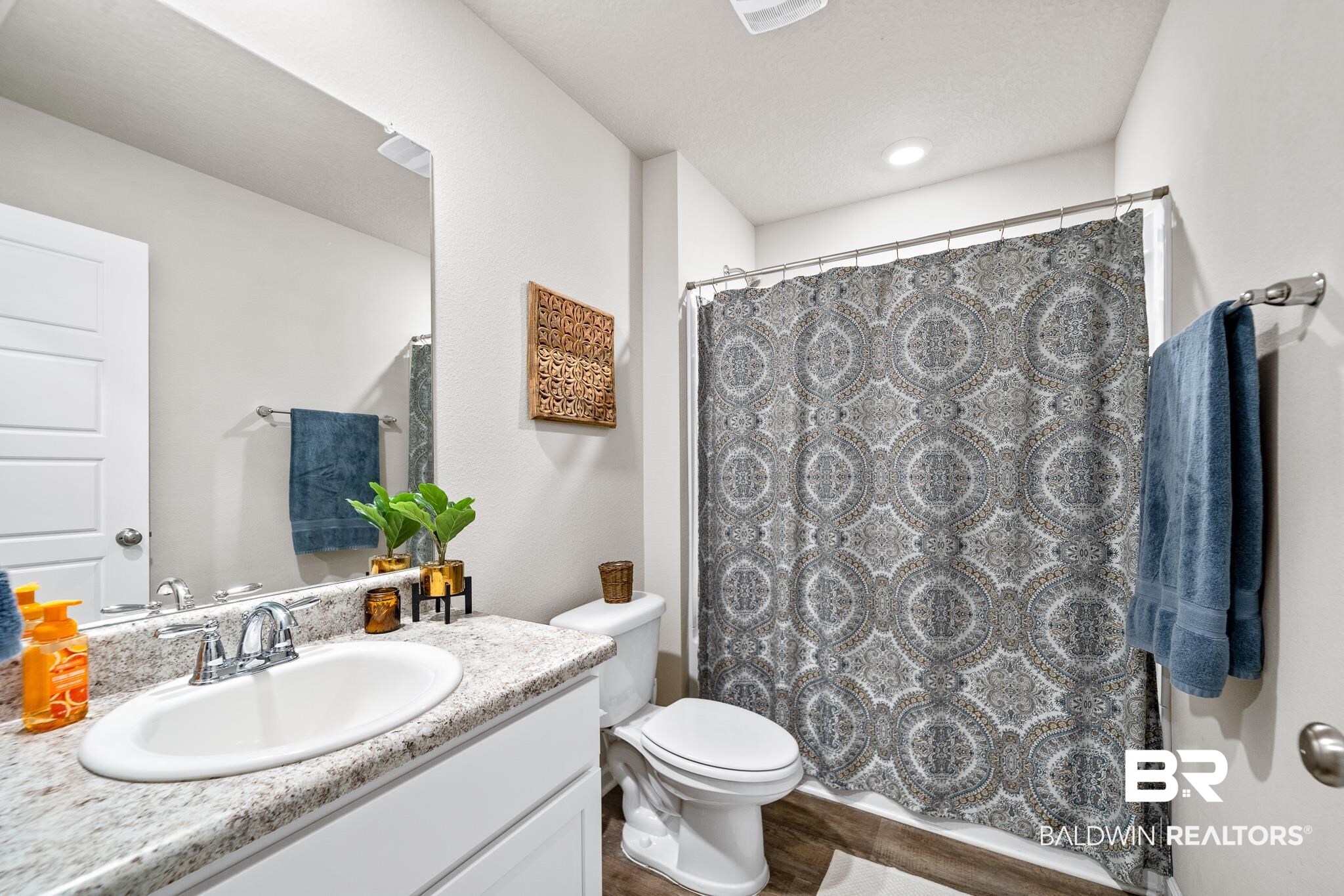 10516 Brodick Loop Daphne, AL 36527 - Photo 18 of 27 Bathroom featuring wood-type flooring, toilet, walk in shower, and vanity
