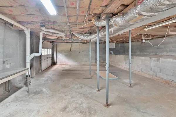 a view of a room with wooden racks