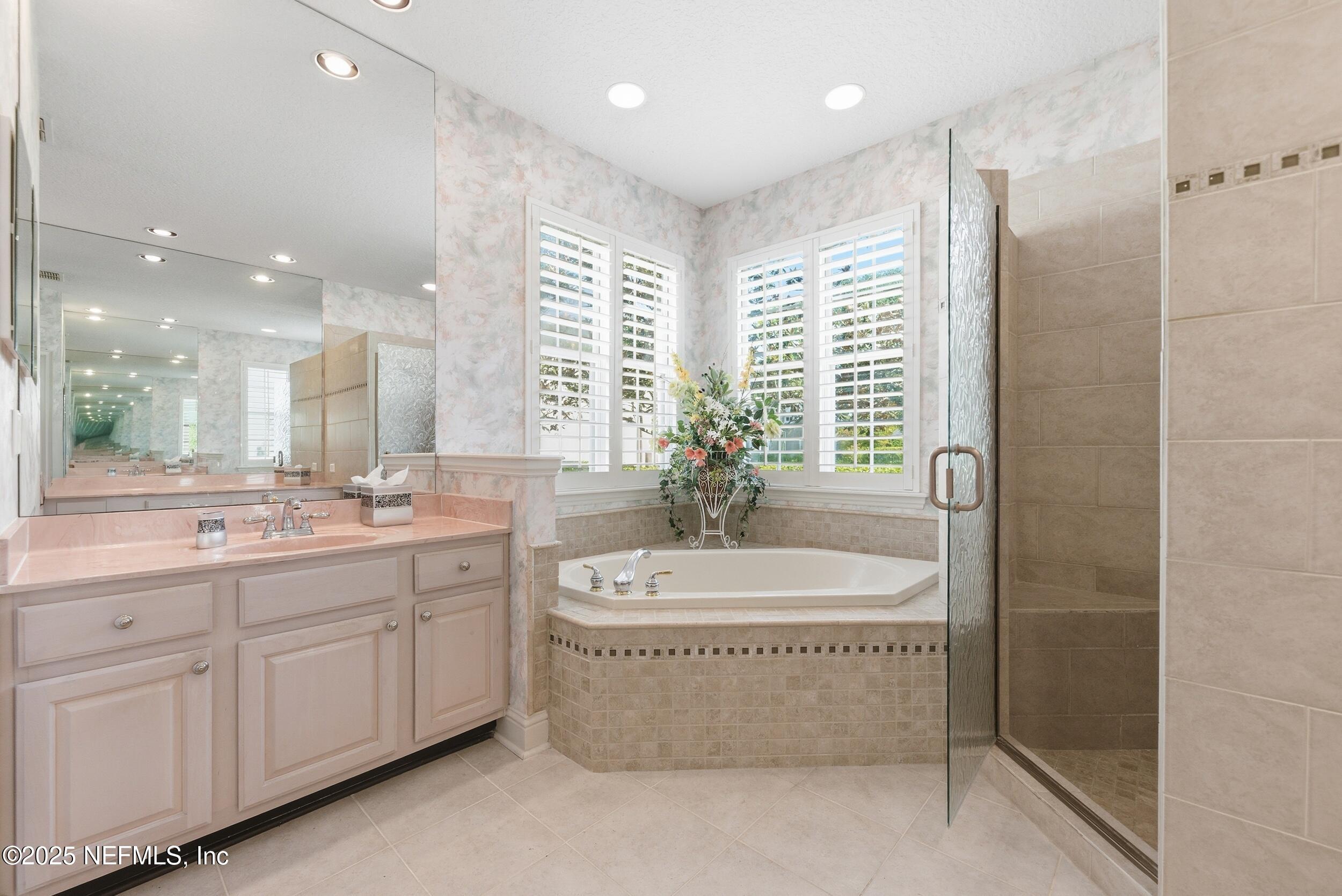 10044 Vineyard Lake Road East Jacksonville, FL 32256 - Photo 20 of 34 a bathroom with a tub a sink a mirror and a shower