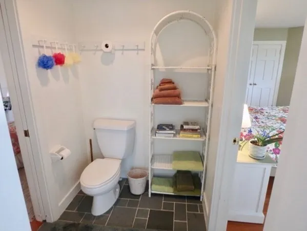 a bathroom with a toilet and a shower curtain