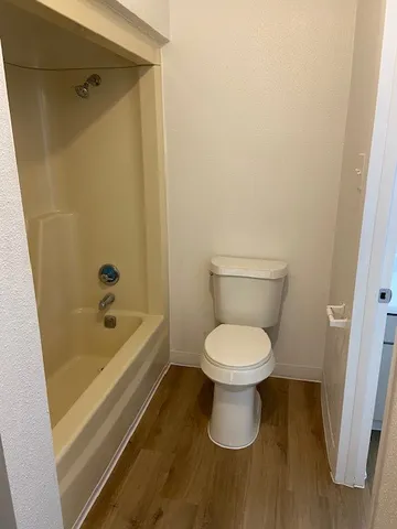a bathroom with a toilet and a bathtub