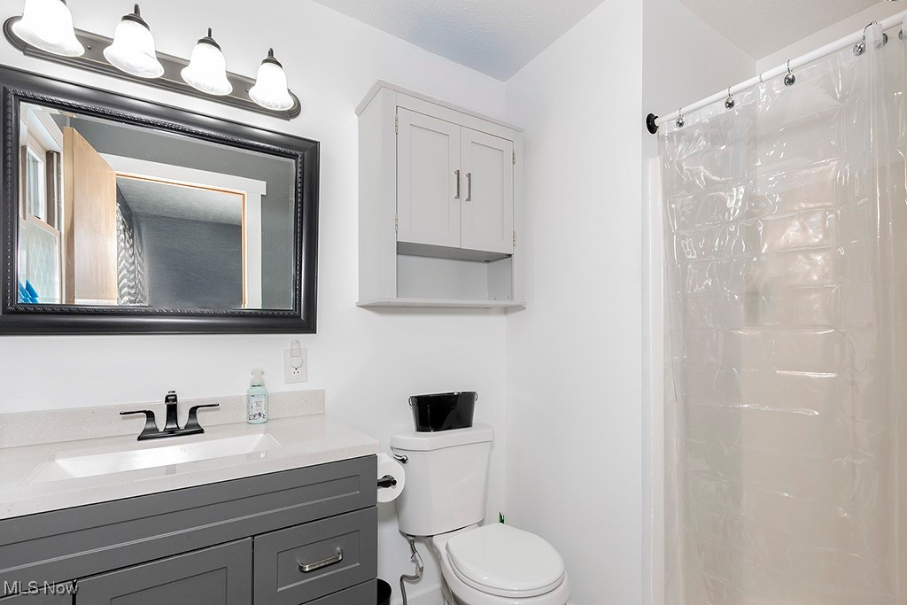 6881 Lake Road Medina, OH 44256 - Photo 15 of 34 Full bathroom featuring toilet, vanity, and a shower with shower curtain