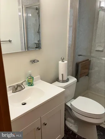 a bathroom with a sink a toilet and mirror