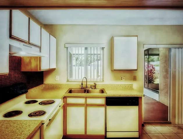 a kitchen with a sink a stove and a refrigerator