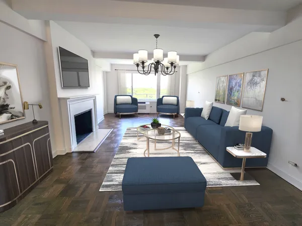 a living room with furniture fireplace and flat screen tv