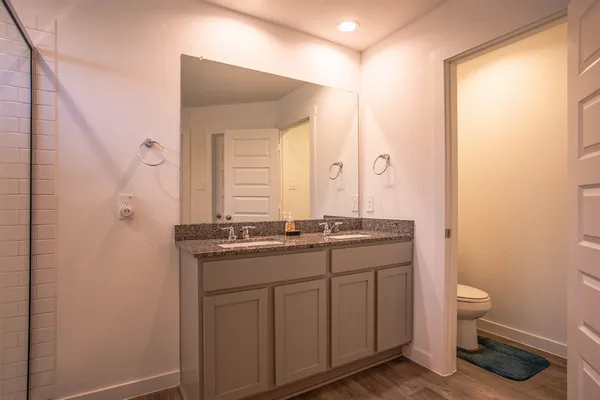 a bathroom with a granite countertop sink a toilet and a mirror