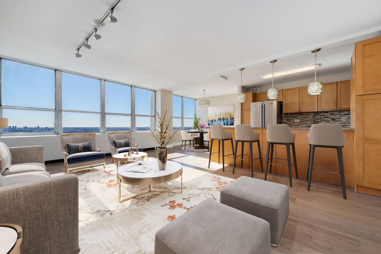 655 West Irving Park Road, Unit 5103 Chicago, IL 60613 - Photo 6 of 30 a living room with furniture kitchen view and a wooden floor