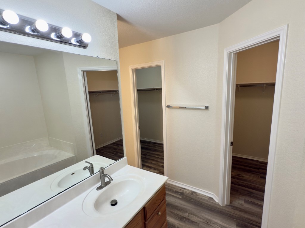 1206 Devil Ridge Cedar Park, TX 78613 - Photo 25 of 38 Full bathroom with vanity, a spacious closet, wood finished floors, and a bath