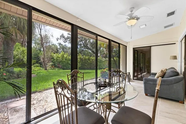 a view of a dining room with furniture window and outside view