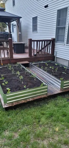 a view of a wooden bench in the backyard