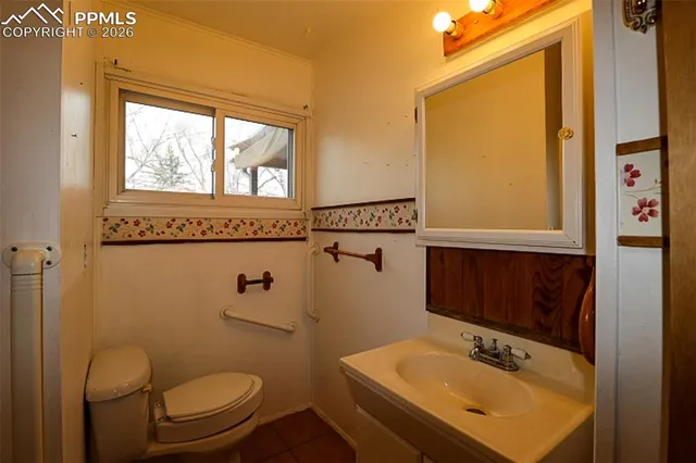 a bathroom with a sink a toilet and mirror