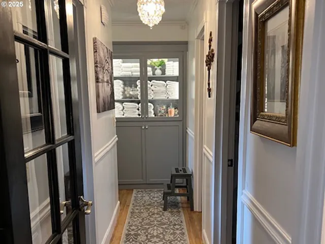 a view of a closet and a fireplace