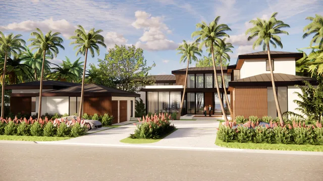 a front view of a house with a garden and a pond