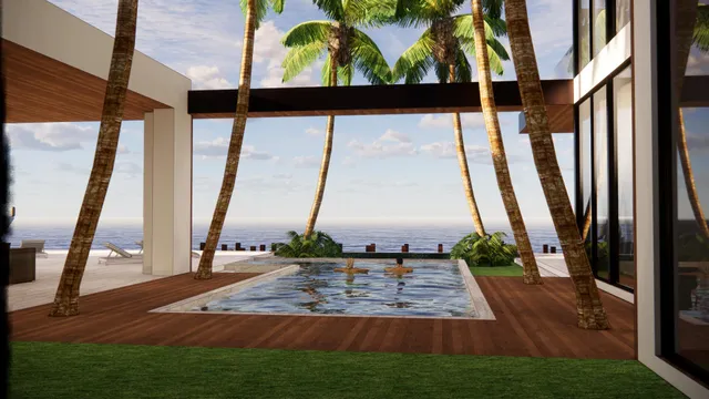 a view of a brick house with large windows