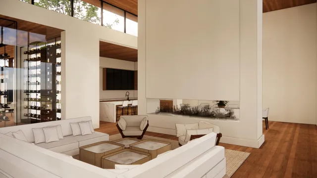 a living room with furniture and a floor to ceiling window