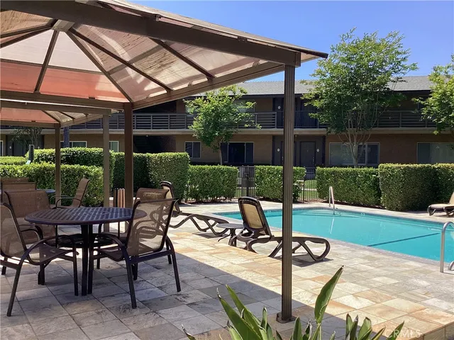 a view of a backyard with couches potted plants and a large tree