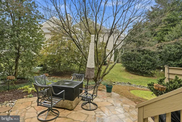 a backyard of a house with table and chairs