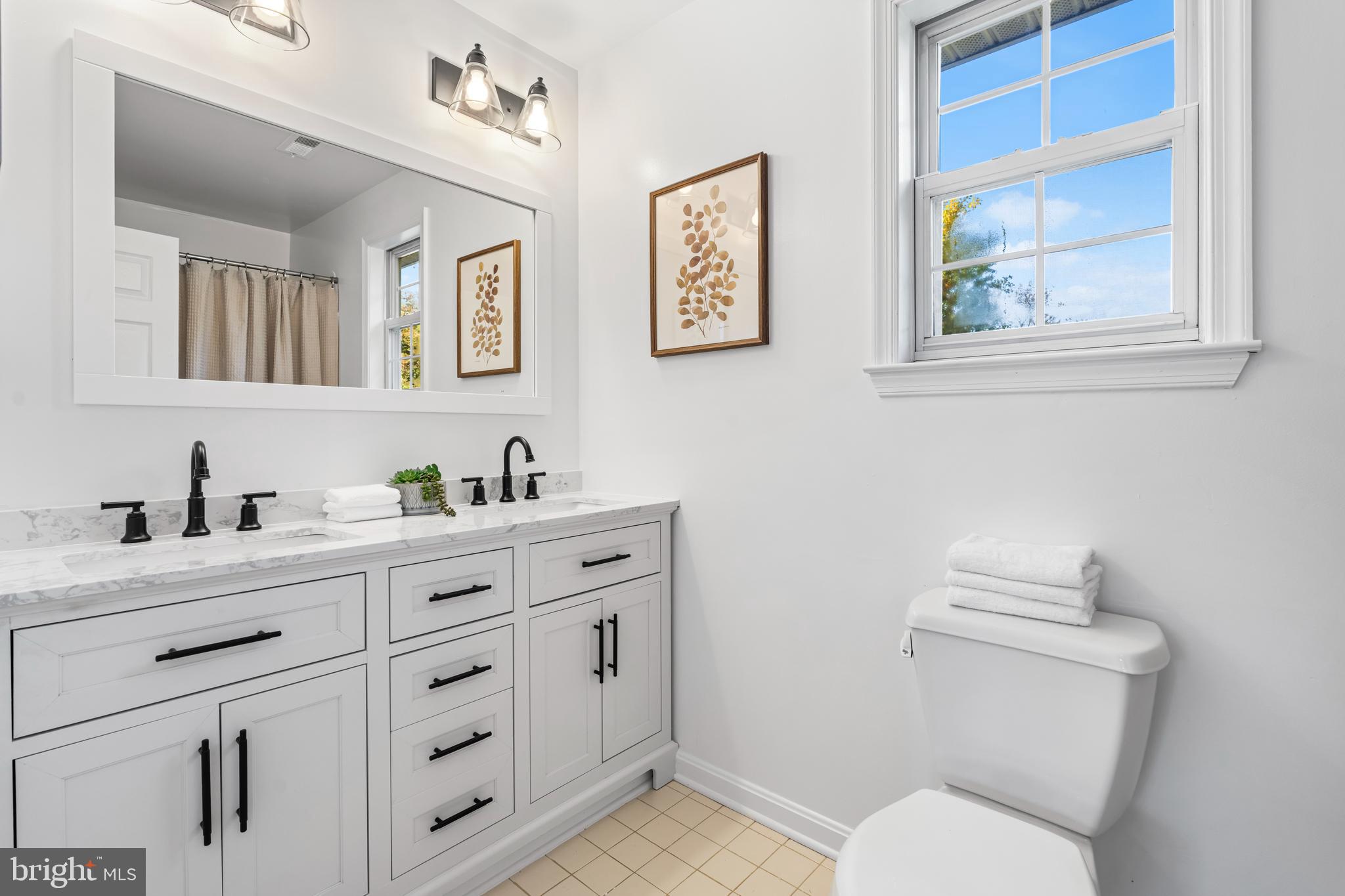 6416 Sherwood Road Baltimore, MD 21239 - Photo 15 of 29 a bathroom with double vanity sink a toilet and a window