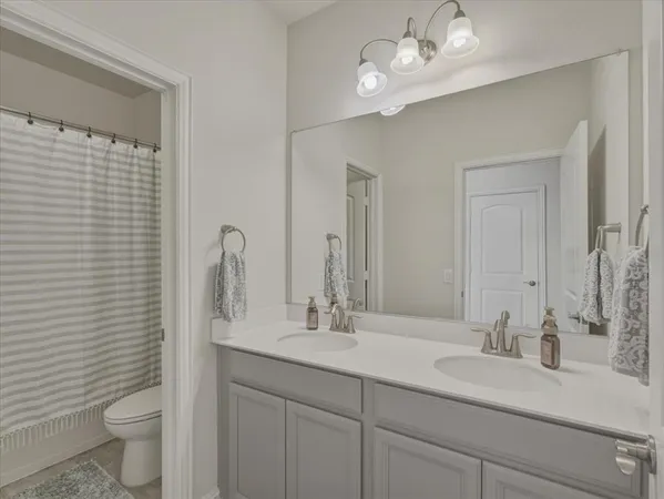 a bathroom with a sink a toilet and a mirror