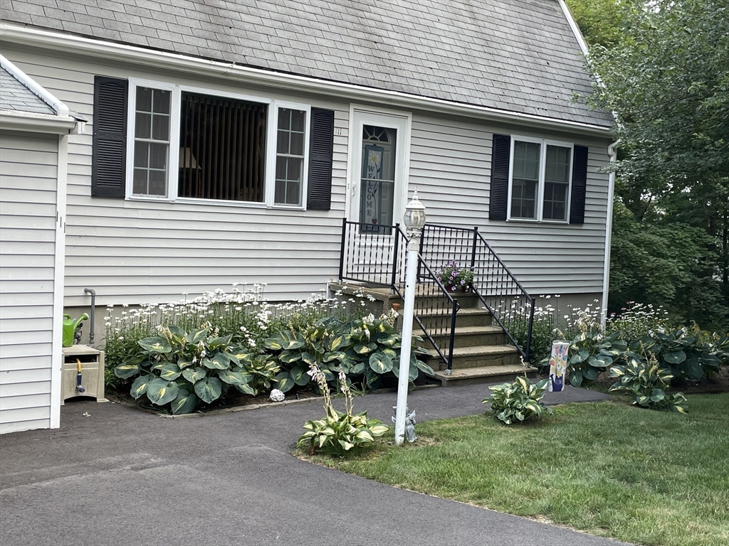 a view of a house with potted plants and a yard