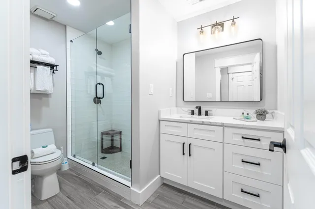 a bathroom with a toilet a sink a glass door a shower and a mirror