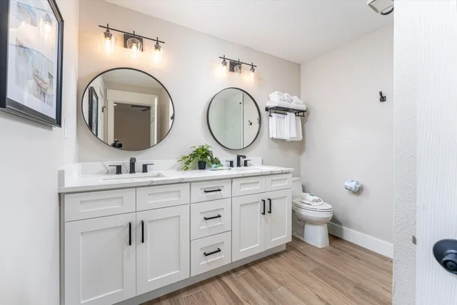 a bathroom with a toilet a sink and a mirror