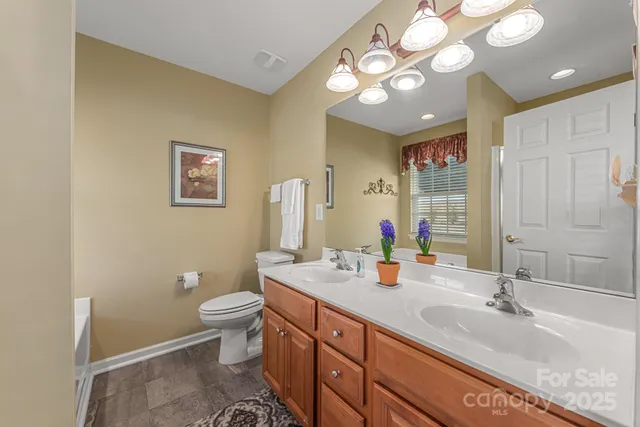 a bathroom with a double vanity sink mirror and toilet