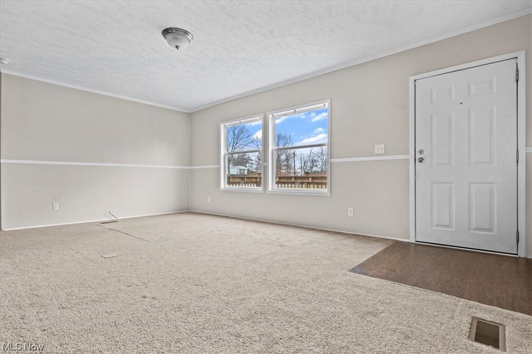 68656 Highway 124 Reedsville, OH 45772 - Photo 5 of 29 Carpeted empty room featuring crown molding and a textured ceiling