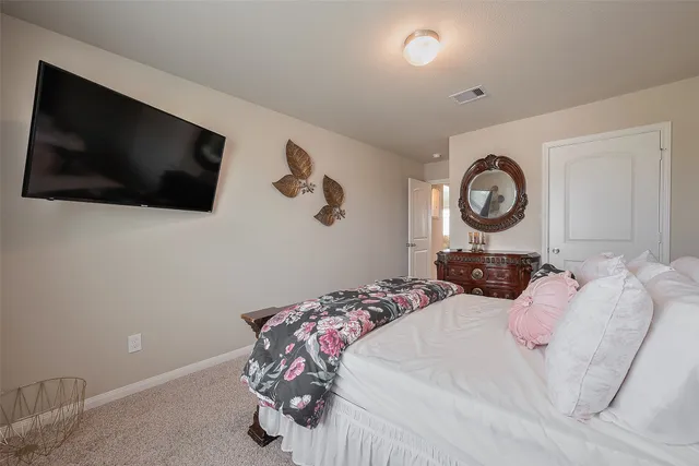 a bedroom with a bed a flat screen tv and a a window