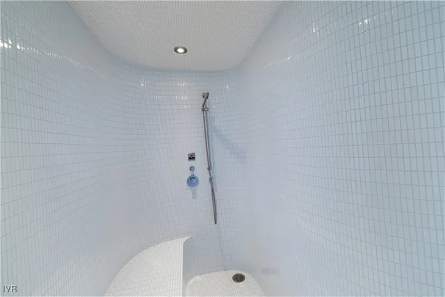 a bathroom with a shower and a toilet