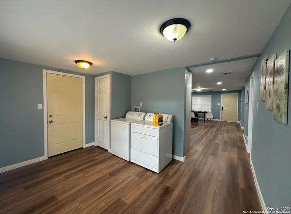 a view of storage and utility room with wooden floor