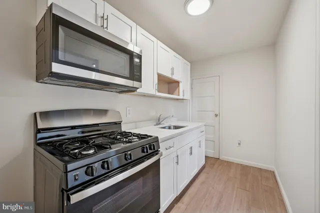 a kitchen with a stove and a microwave