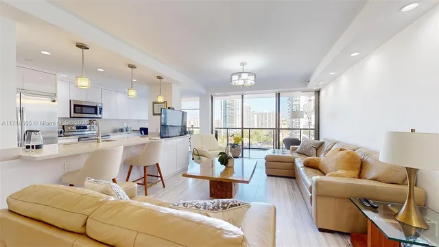 a living room with furniture a rug and a clock