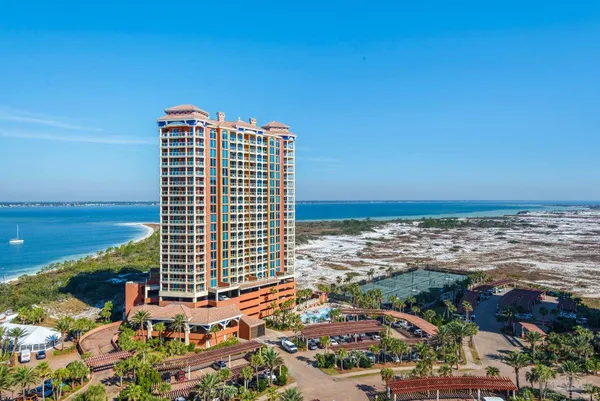 a view of building with ocean view