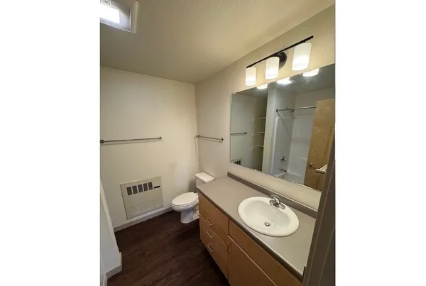 a bathroom with a granite countertop toilet sink and mirror