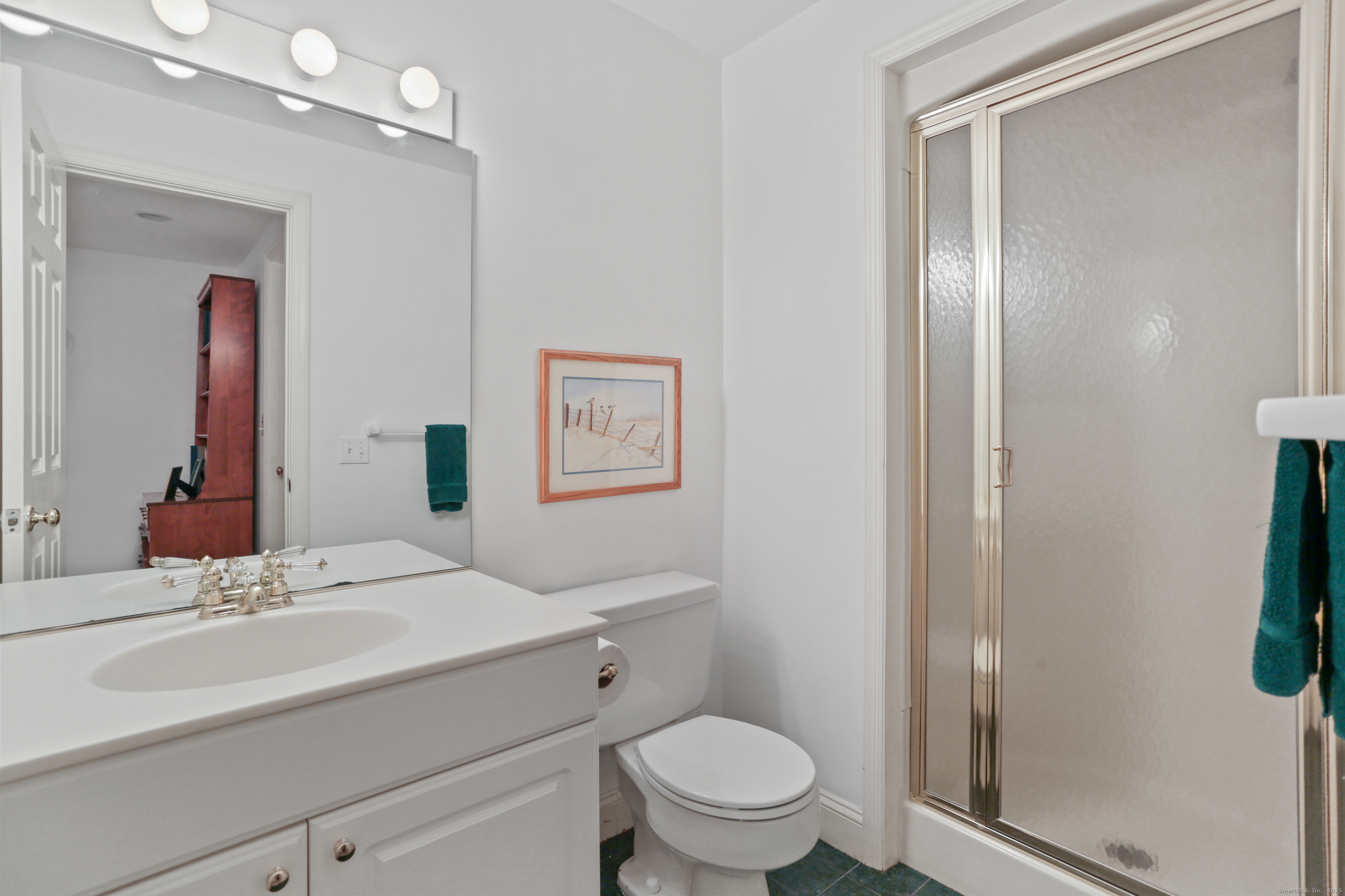 47 Bank Street, Unit 47 New Canaan, CT 06840 - Photo 34 of 40 a bathroom with a sink a toilet and shower