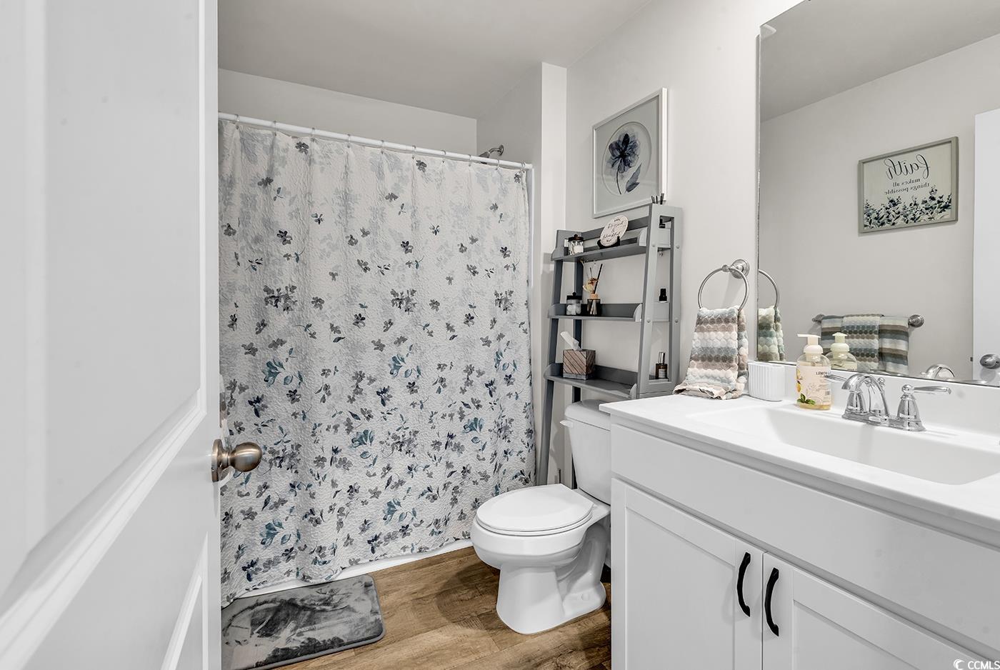 164 Seasons Trace Loop Longs, SC 29568 - Photo 25 of 40 Bathroom featuring a shower with curtain, vanity, and light wood-style floors