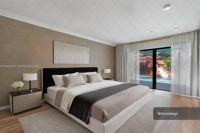 a bedroom with a large bed and a couch