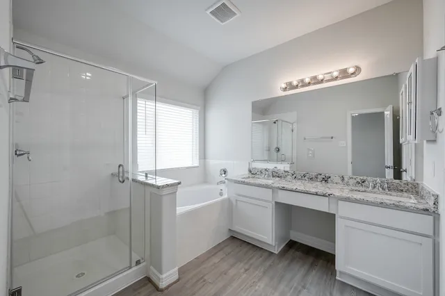 a bathroom with a double vanity sink a mirror and a shower