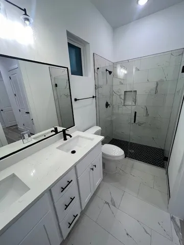 a bathroom with a double vanity sink mirror and toilet