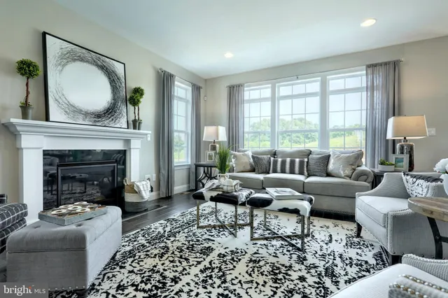 a living room with furniture a rug a window and a fireplace